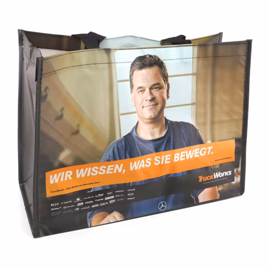 Werbeartikel: Maßgeschneiderte wiederverwendbare Einkaufstaschen aus PP-Gewebe und RPET-Laminat